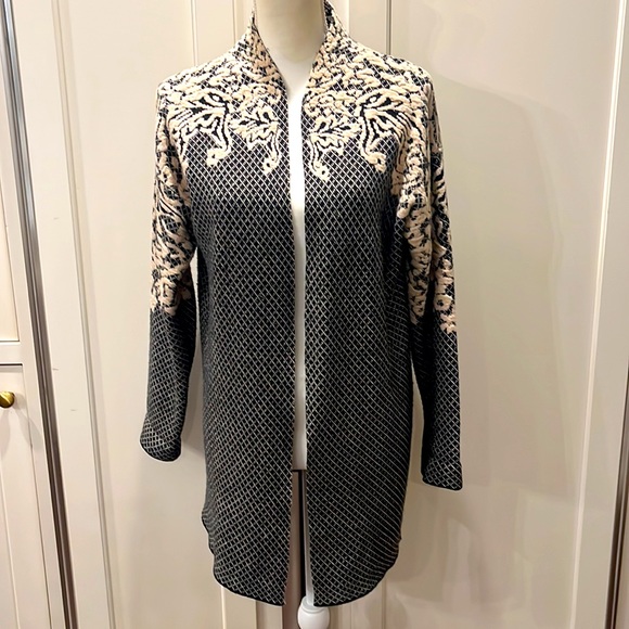 Sioni Sweaters - Sioni Wool Cashmere Black Cream Baroque Soft Open Front Cardigan Sweater Medium